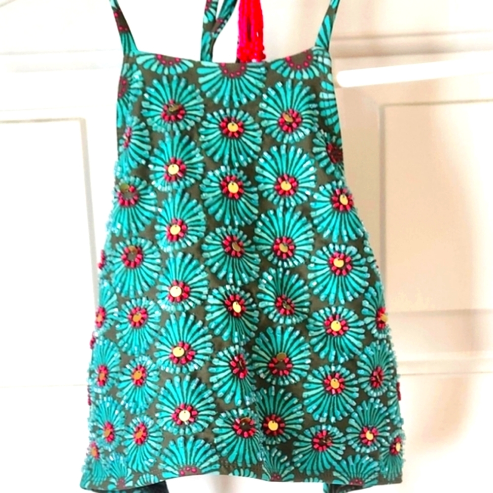 Aerie Floral Bikini Top - Teal and Pink BOHO beaded EUC